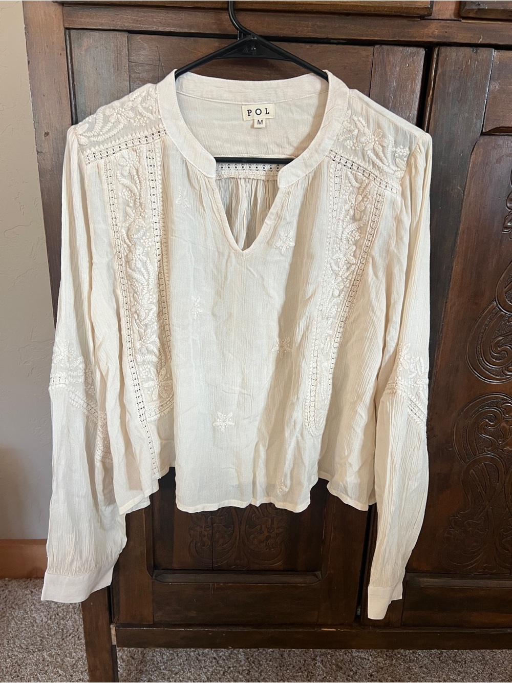 POL Cream Embroidered Peasant Blouse